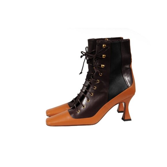 Manu Atelier Womens Duck Lace Up Boots US 7 EU 37 Brown Leather Square Toe - Picture 4 of 10